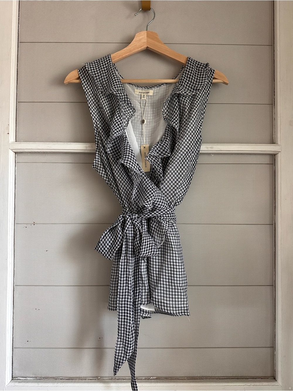 Max Studio Navy and White Gingham Ruffle Wrap Blouse - Picture 2 of 8